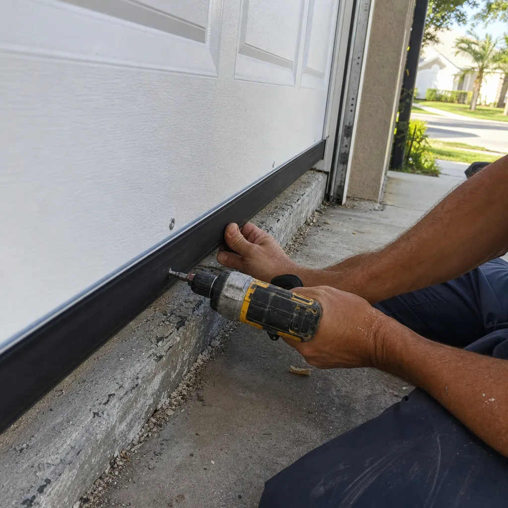 Technician installing new garage door bottom weather seal with a power drill.
