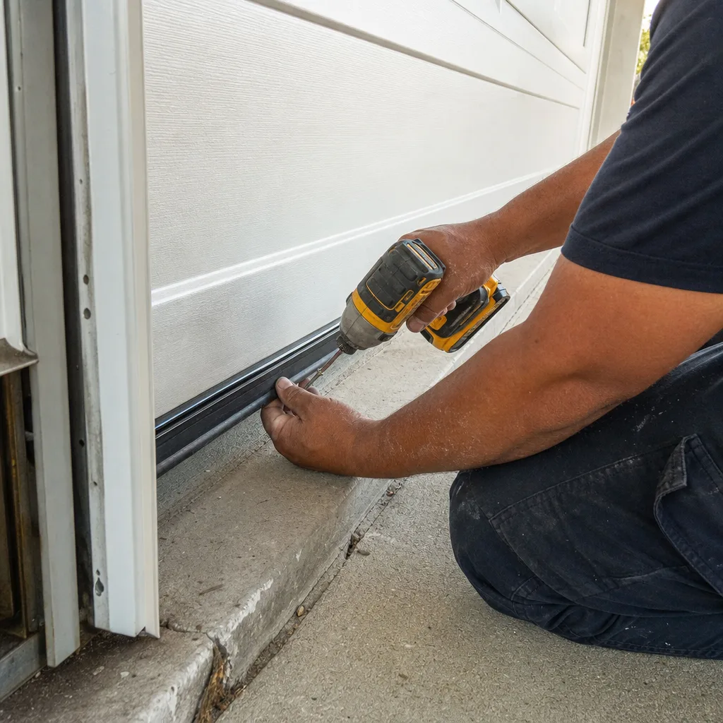Technician using power drill to install garage door bottom weather seal