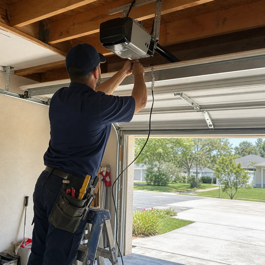 Technician performing professional garage door opener repair and installation services