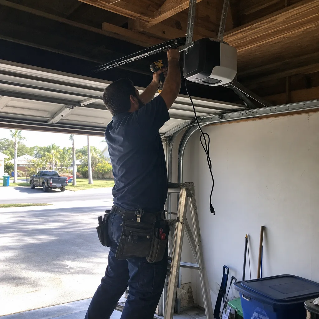 Technician using a power drill to install a garage door opener