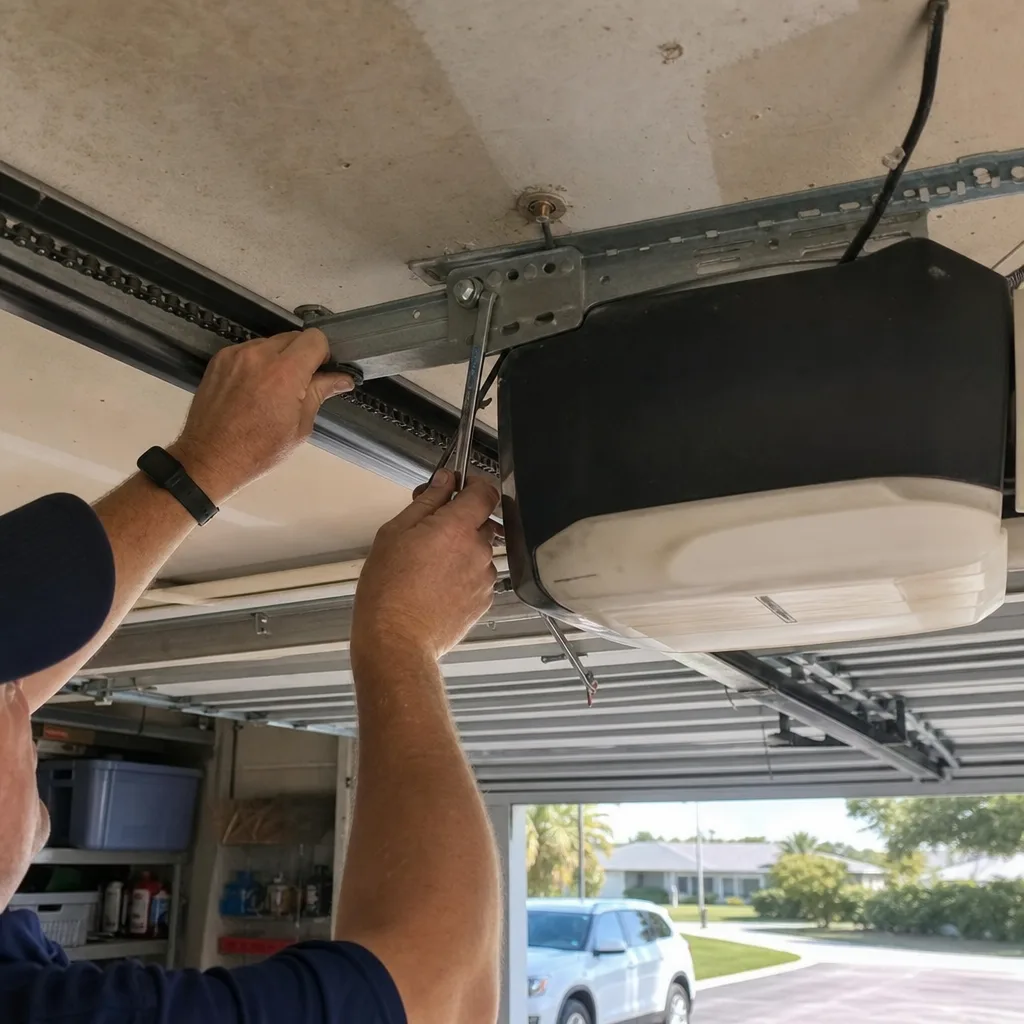 Technician performing garage door opener repair and motor rail adjustment