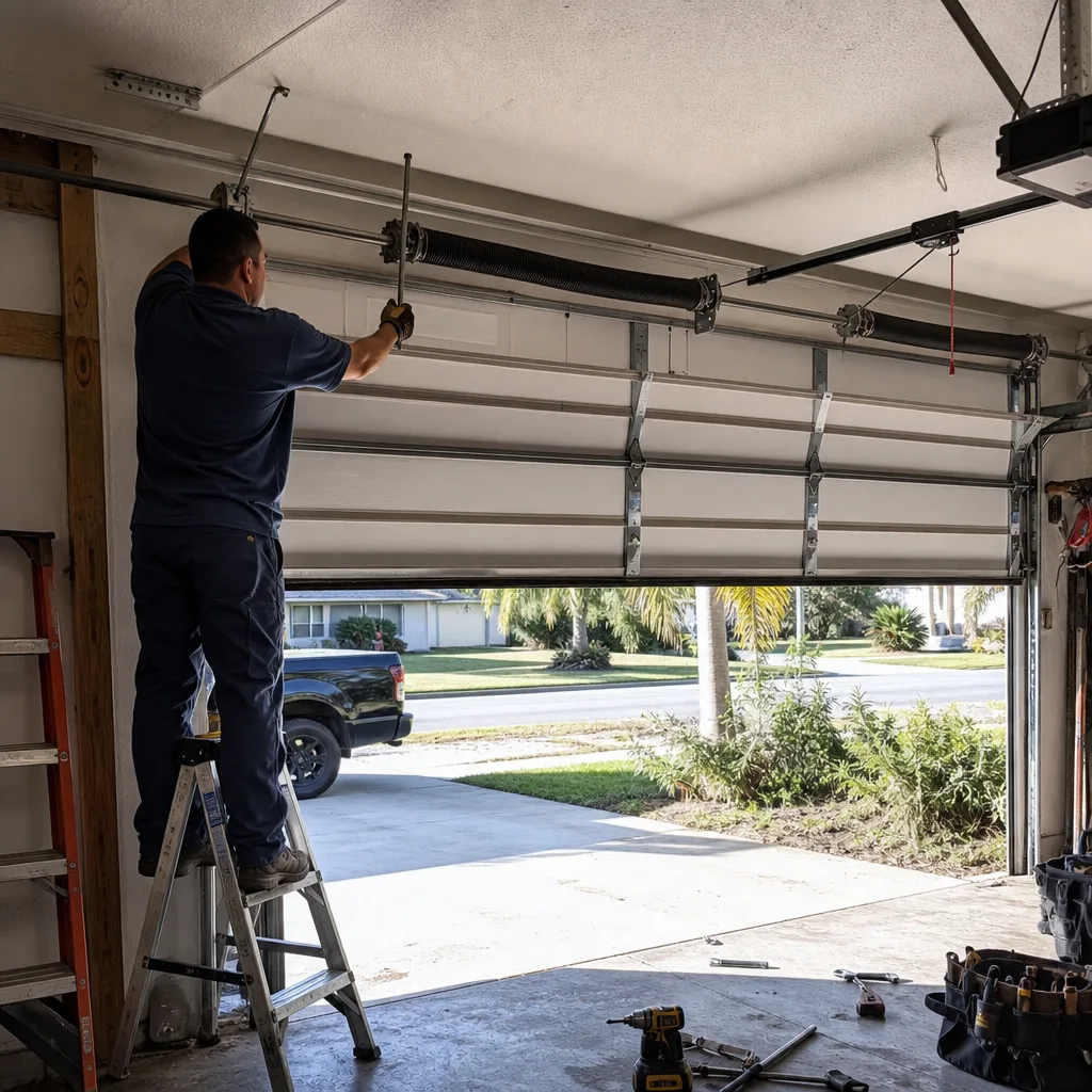 Technician performing professional garage door torsion spring repair and maintenance