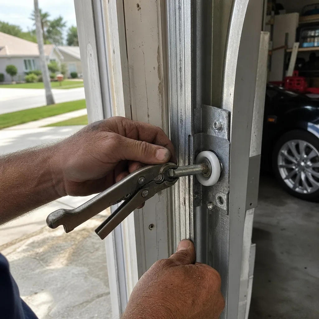 Technician using locking pliers to repair a residential garage door roller