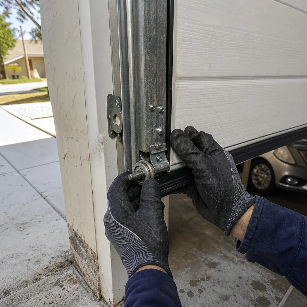 Technician performing emergency garage door repair on a white door in Bradenton, FL
