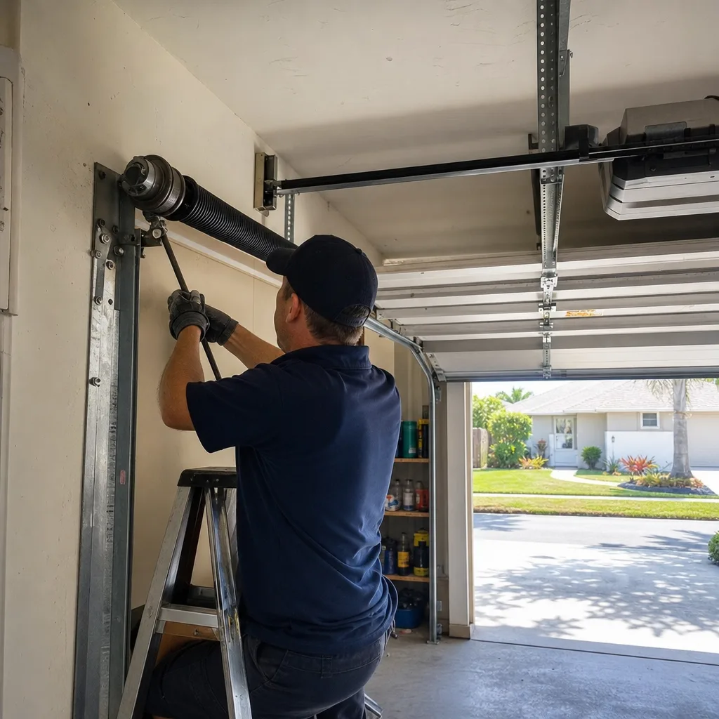 Technician using a winding bar for garage door spring repair and maintenance in Bradenton, FL